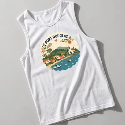 Illustration of a coastal village with palm trees and boats in vibrant colors — printed on a tank top