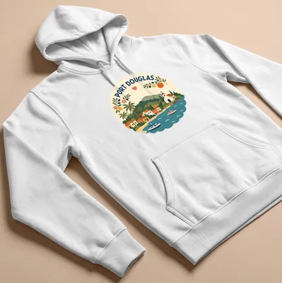 Illustration of a coastal village with palm trees and boats in vibrant colors — printed on a unisex hoodie