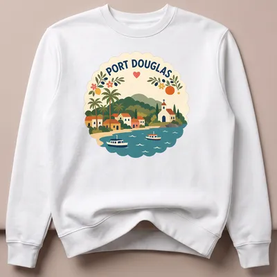 Illustration of a coastal village with palm trees and boats in vibrant colors — printed on a unisex sweatshirt