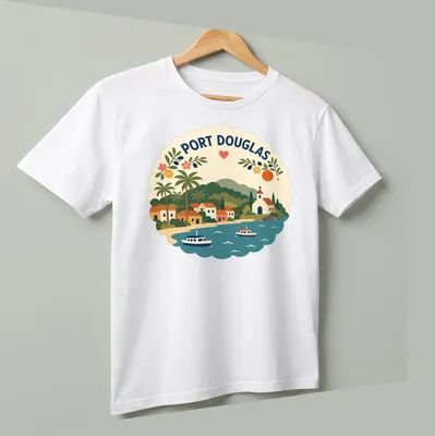 Illustration of a coastal village with palm trees and boats in vibrant colors — printed on a unisex t-shirt (angled view)