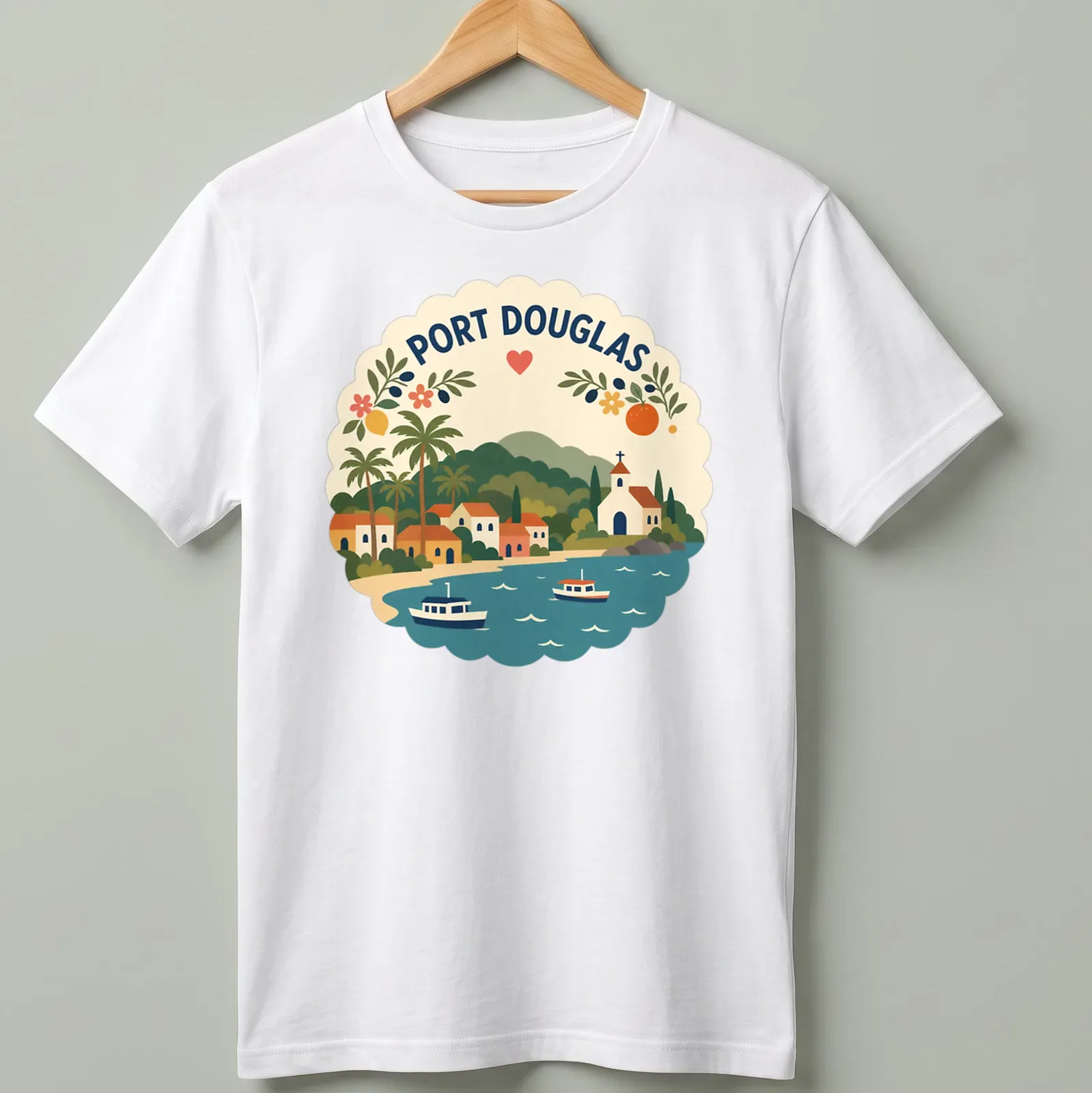 Illustration of a coastal village with palm trees and boats in vibrant colors — printed on a unisex t-shirt