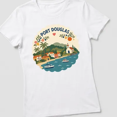 Illustration of a coastal village with palm trees and boats in vibrant colors — printed on a women's shirt