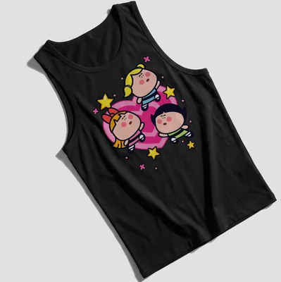 Kawaii Powerpuff Girls T-shirt featuring Blossom, Bubbles, and Buttercup in bright colors — printed on a tank top