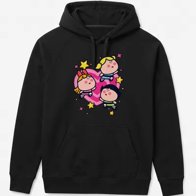 Kawaii Powerpuff Girls T-shirt featuring Blossom, Bubbles, and Buttercup in bright colors — printed on a unisex hoodie