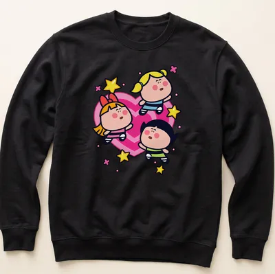 Kawaii Powerpuff Girls T-shirt featuring Blossom, Bubbles, and Buttercup in bright colors — printed on a unisex sweatshirt