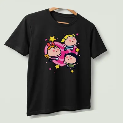 Kawaii Powerpuff Girls T-shirt featuring Blossom, Bubbles, and Buttercup in bright colors — printed on a unisex t-shirt (angled view)