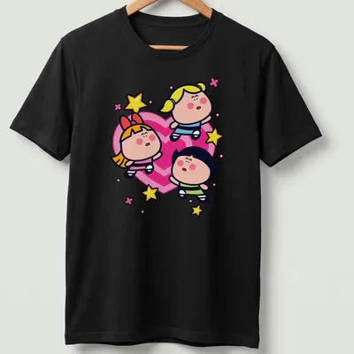 Kawaii Powerpuff Girls T-shirt featuring Blossom, Bubbles, and Buttercup in bright colors