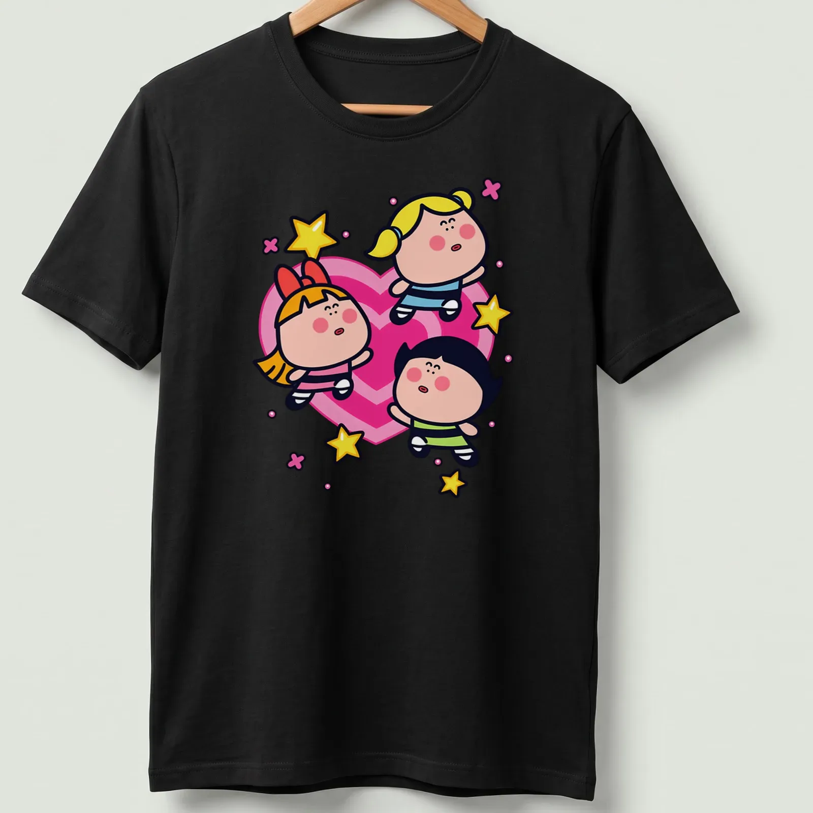 Kawaii Powerpuff Girls T-shirt featuring Blossom, Bubbles, and Buttercup in bright colors — printed on a unisex t-shirt