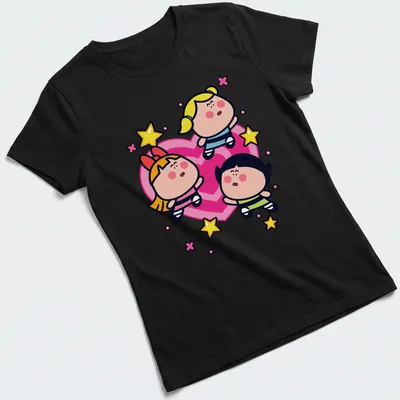 Kawaii Powerpuff Girls T-shirt featuring Blossom, Bubbles, and Buttercup in bright colors — printed on a women's shirt
