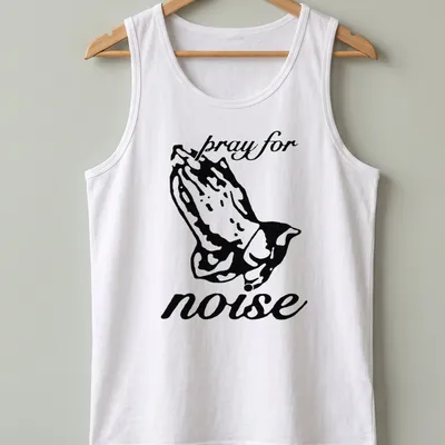 Bold black silhouette of praying hands with the text 'pray for noise' underneath — printed on a tank top