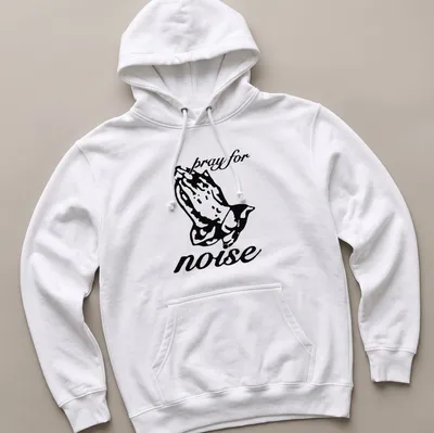 Bold black silhouette of praying hands with the text 'pray for noise' underneath — printed on a unisex hoodie