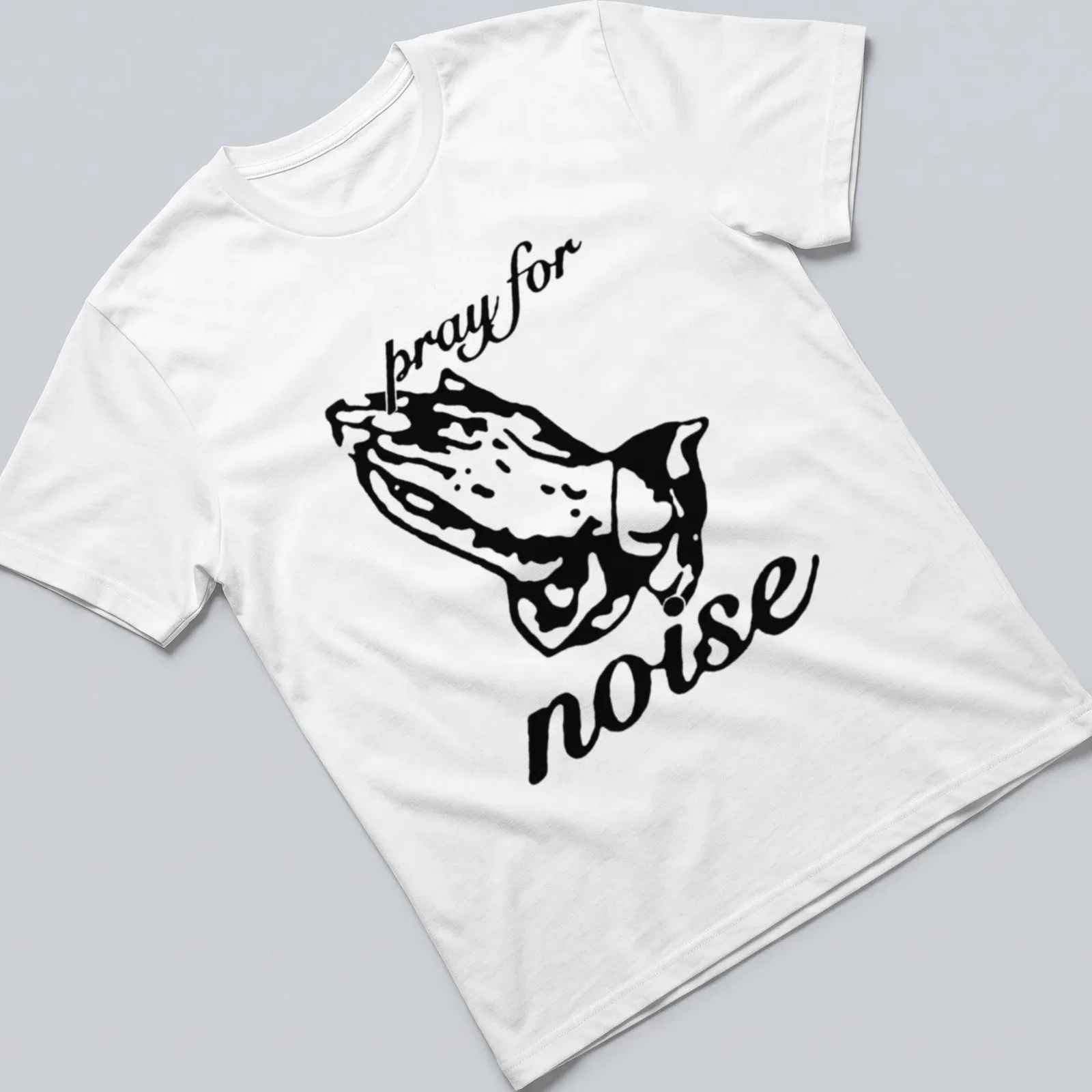 Bold black silhouette of praying hands with the text 'pray for noise' underneath — printed on a unisex t-shirt