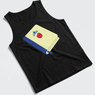 Illustration of a book, apple, and crown in flat design style — printed on a tank top