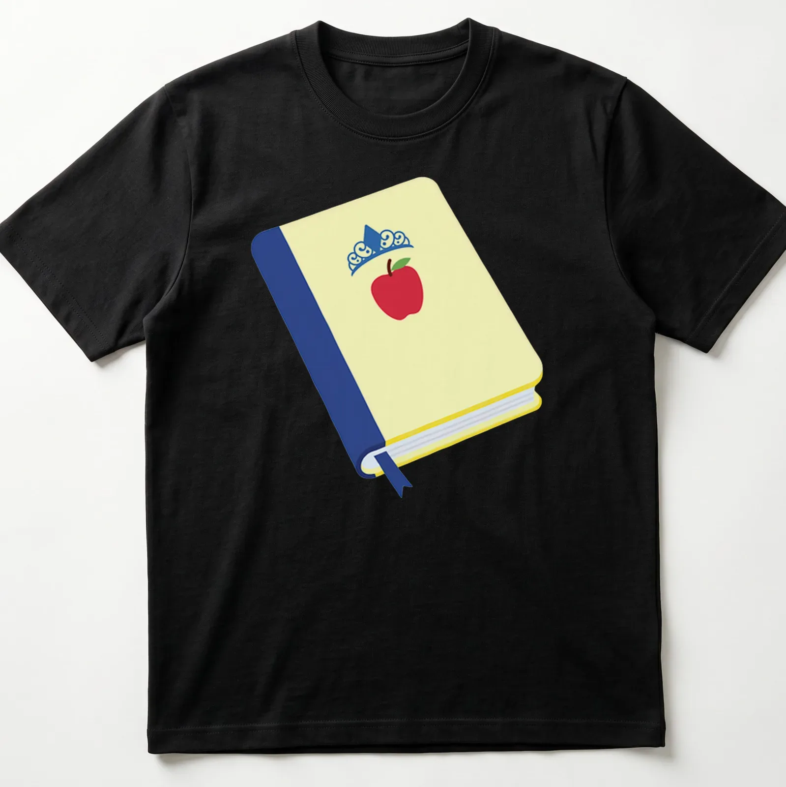 Illustration of a book, apple, and crown in flat design style — printed on a unisex t-shirt