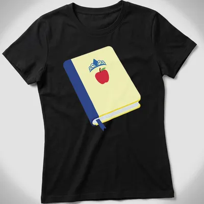 Illustration of a book, apple, and crown in flat design style — printed on a women's shirt