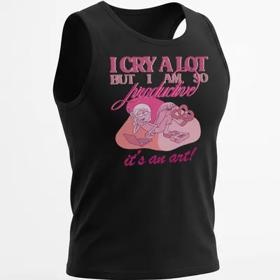 Cute cartoon character crying with text about productivity in pink and white. — printed on a tank top