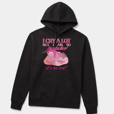 Cute cartoon character crying with text about productivity in pink and white. — printed on a unisex hoodie