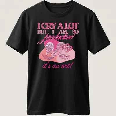 Cute cartoon character crying with text about productivity in pink and white. — printed on a unisex t-shirt