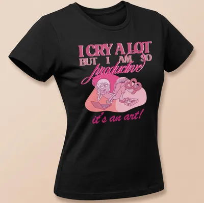 Cute cartoon character crying with text about productivity in pink and white. — printed on a women's shirt