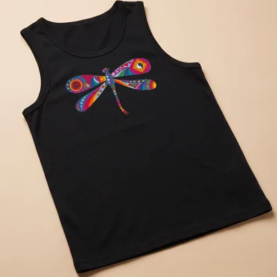 Psychedelic dragonfly illustration in rainbow colors on a — printed on a tank top