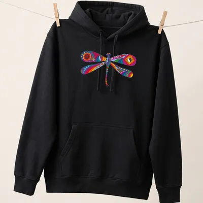 Psychedelic dragonfly illustration in rainbow colors on a — printed on a unisex hoodie