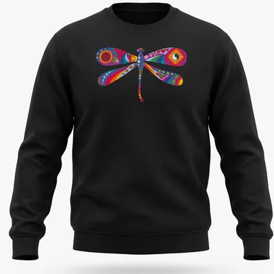 Psychedelic dragonfly illustration in rainbow colors on a — printed on a unisex sweatshirt