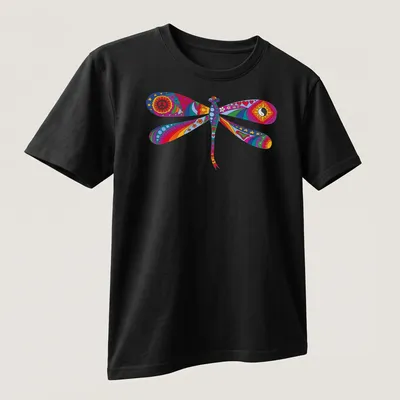 Psychedelic dragonfly illustration in rainbow colors on a — printed on a unisex t-shirt (angled view)