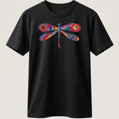 Psychedelic dragonfly illustration in rainbow colors on a — printed on a unisex t-shirt