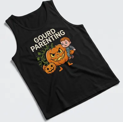 Cartoon pumpkin with scary face and child, captioned Gourd Parenting. — printed on a tank top