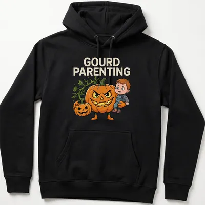 Cartoon pumpkin with scary face and child, captioned Gourd Parenting. — printed on a unisex hoodie