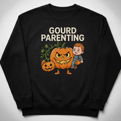 Cartoon pumpkin with scary face and child, captioned Gourd Parenting. — printed on a unisex sweatshirt