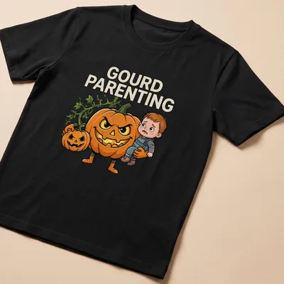 Cartoon pumpkin with scary face and child, captioned Gourd Parenting. — printed on a unisex t-shirt