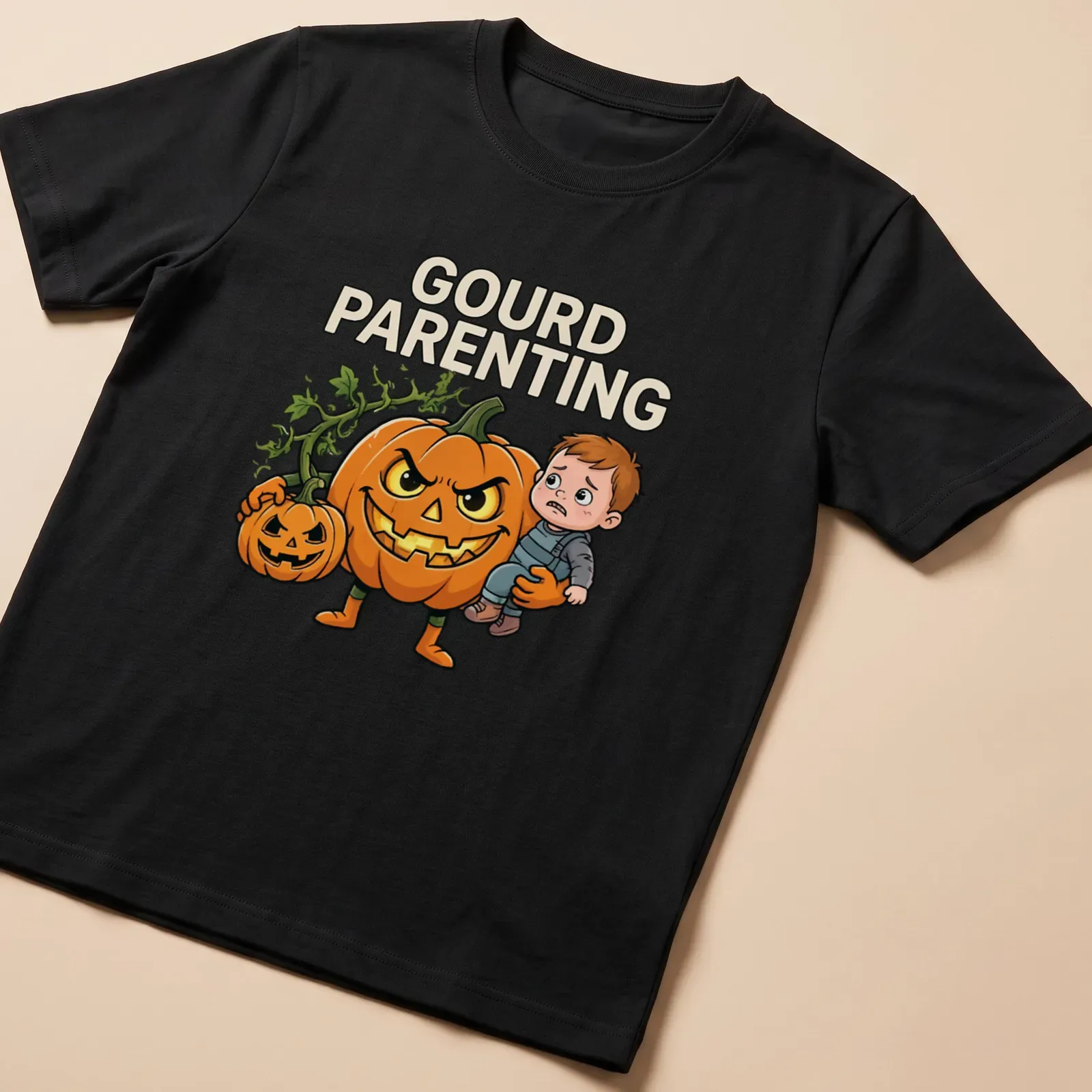 Cartoon pumpkin with scary face and child, captioned Gourd Parenting. — printed on a unisex t-shirt