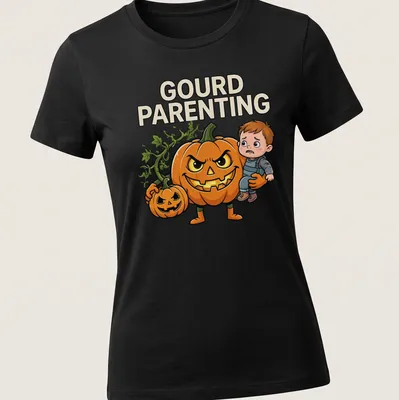Cartoon pumpkin with scary face and child, captioned Gourd Parenting. — printed on a women's shirt