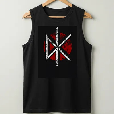 Grunge style DK logo t-shirt in black, red, and white. — printed on a tank top