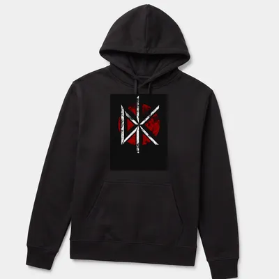 Grunge style DK logo t-shirt in black, red, and white. — printed on a unisex hoodie