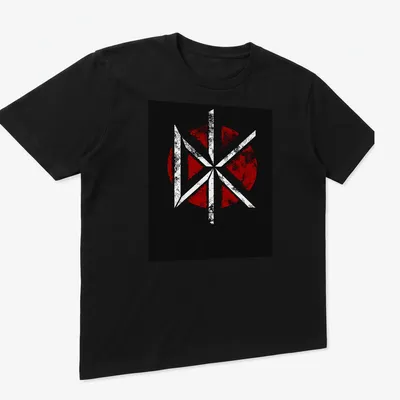 Grunge style DK logo t-shirt in black, red, and white. — printed on a unisex t-shirt (angled view)