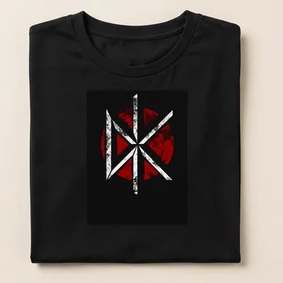 Grunge style DK logo t-shirt in black, red, and white. — printed on a women's shirt
