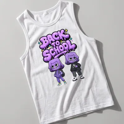 Kawaii cartoon t-shirt featuring purple characters with 'BACK TO SCHOOL' text. — printed on a tank top