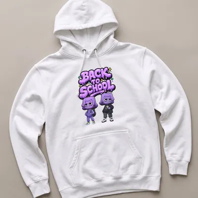 Kawaii cartoon t-shirt featuring purple characters with 'BACK TO SCHOOL' text. — printed on a unisex hoodie