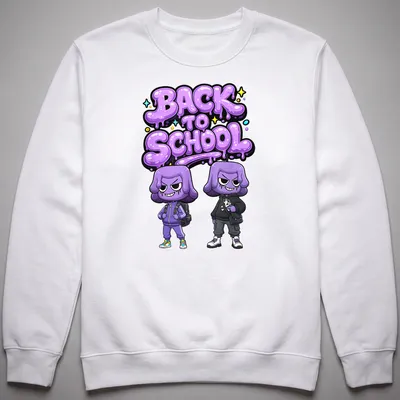 Kawaii cartoon t-shirt featuring purple characters with 'BACK TO SCHOOL' text. — printed on a unisex sweatshirt