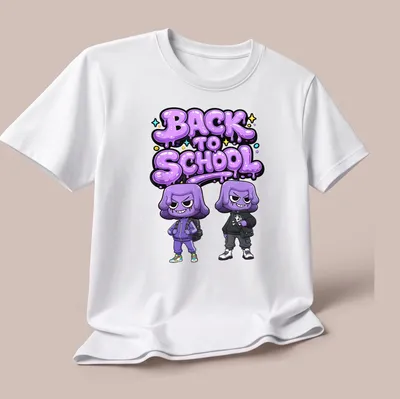 Kawaii cartoon t-shirt featuring purple characters with 'BACK TO SCHOOL' text. — printed on a unisex t-shirt (angled view)
