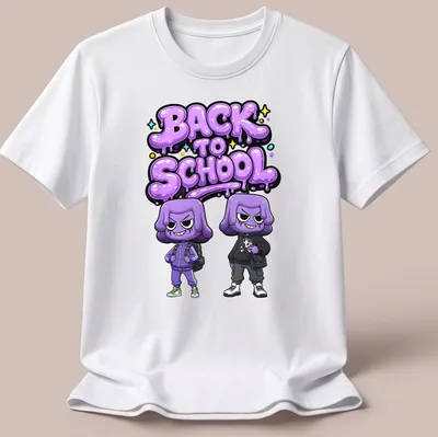 Kawaii cartoon t-shirt featuring purple characters with 'BACK TO SCHOOL' text.