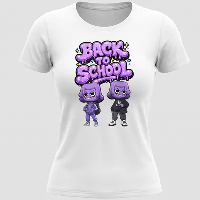 Kawaii cartoon t-shirt featuring purple characters with 'BACK TO SCHOOL' text. — printed on a women's shirt