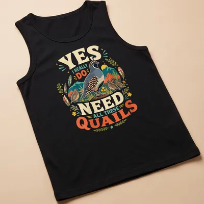Vintage illustration of quails with humorous text about needing them all. — printed on a tank top