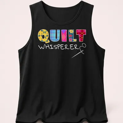 Colorful patchwork design with floral patterns spelling Quilt Whisperer — printed on a tank top