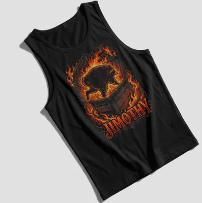 Illustration of a raccoon emerging from a burning dumpster with the name Jimothy — printed on a tank top