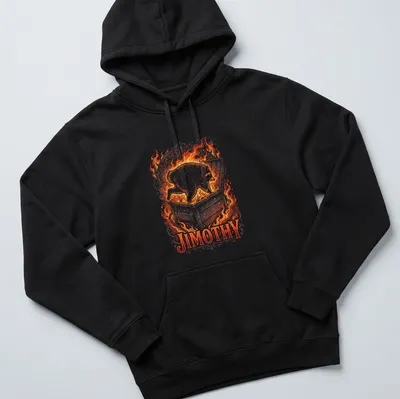 Illustration of a raccoon emerging from a burning dumpster with the name Jimothy — printed on a unisex hoodie