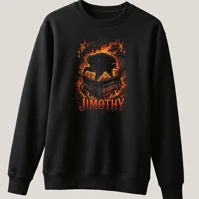 Illustration of a raccoon emerging from a burning dumpster with the name Jimothy — printed on a unisex sweatshirt