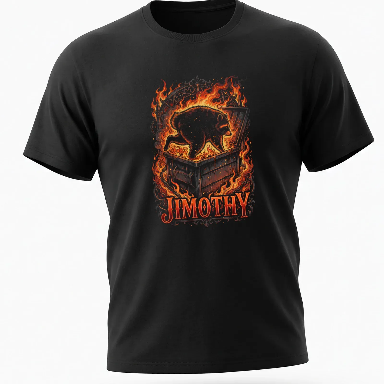 Illustration of a raccoon emerging from a burning dumpster with the name Jimothy — printed on a unisex t-shirt